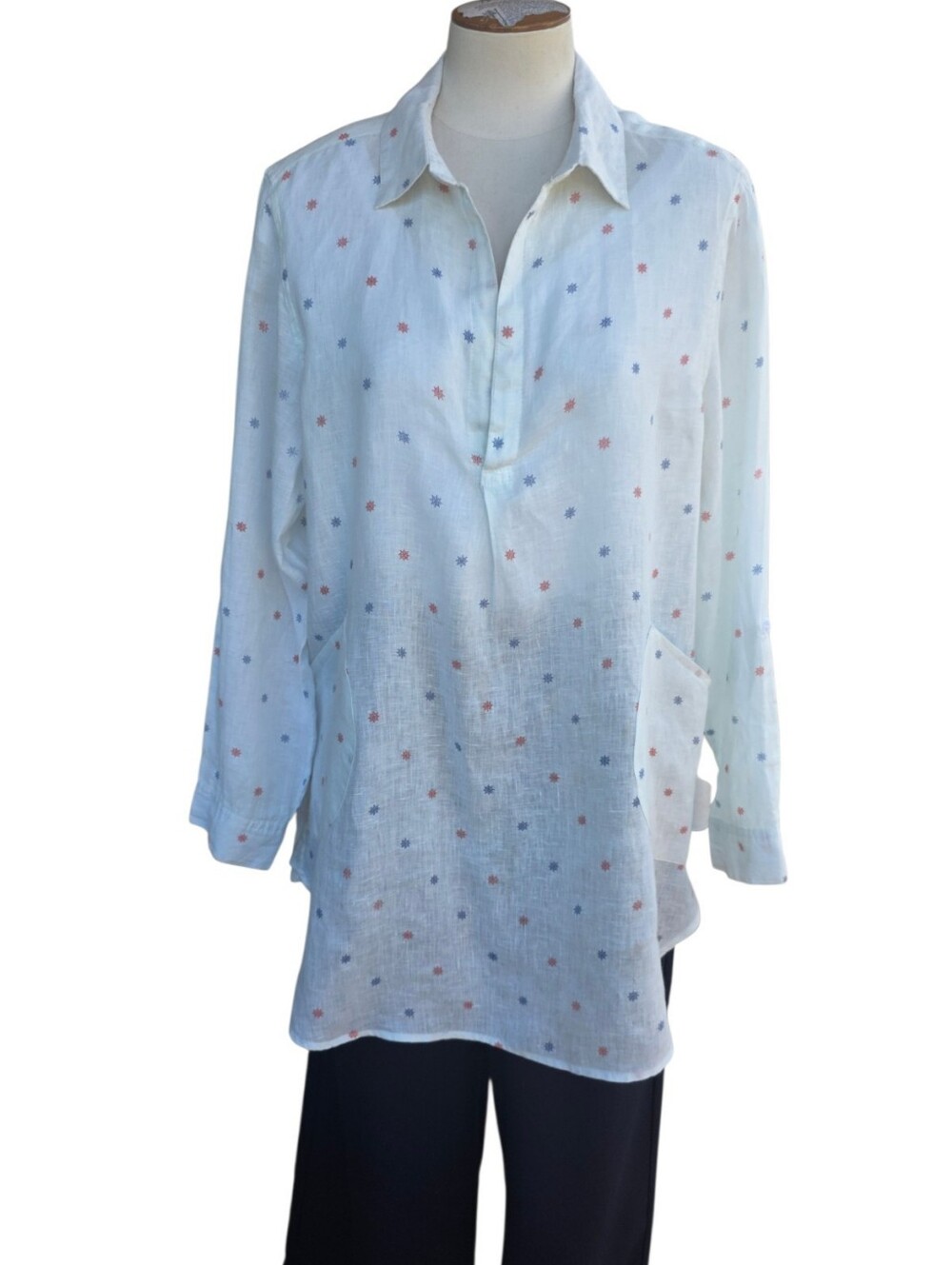 Forcynthia Beachwear 100% Linen Tunic Shirt Nautical Coastal Ship Wheel Womens L